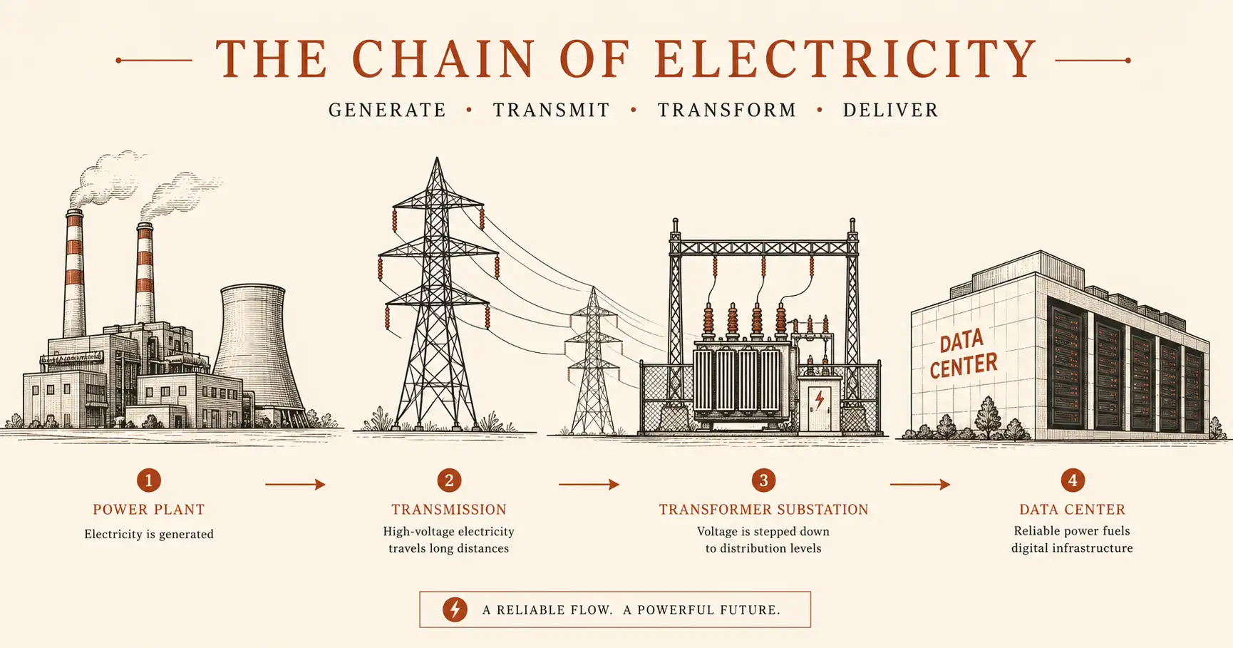 The path of electricity from a power plant through transmission lines and a transformer substation to an AI data center