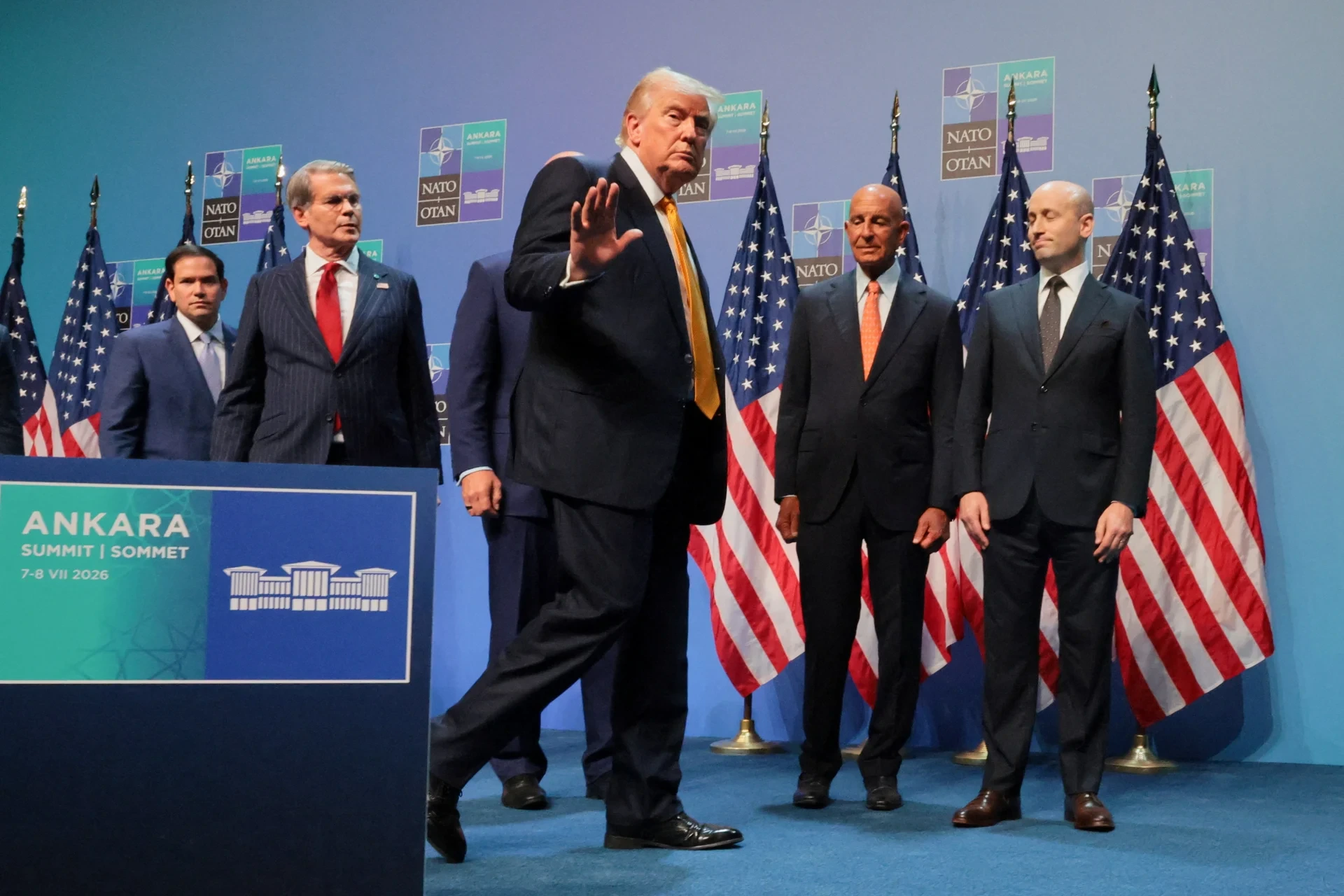 U.S. President Donald Trump leaves after a press conference at the end of his participation in the NATO leaders summit in Ankara, Turkey, July 8, 2026